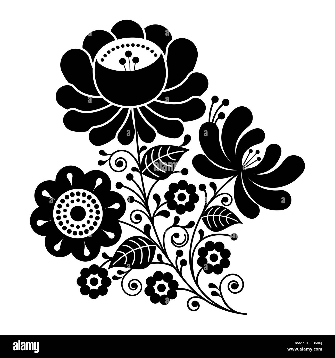 Design russo, arte popolare in bianco e nero modello di fiori Illustrazione Vettoriale