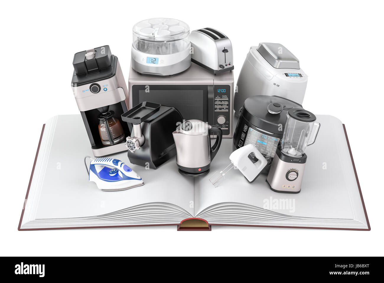 Aperto libro bianco con uso domestico elettrodomestici da cucina, 3D rendering isolati su sfondo bianco Foto Stock