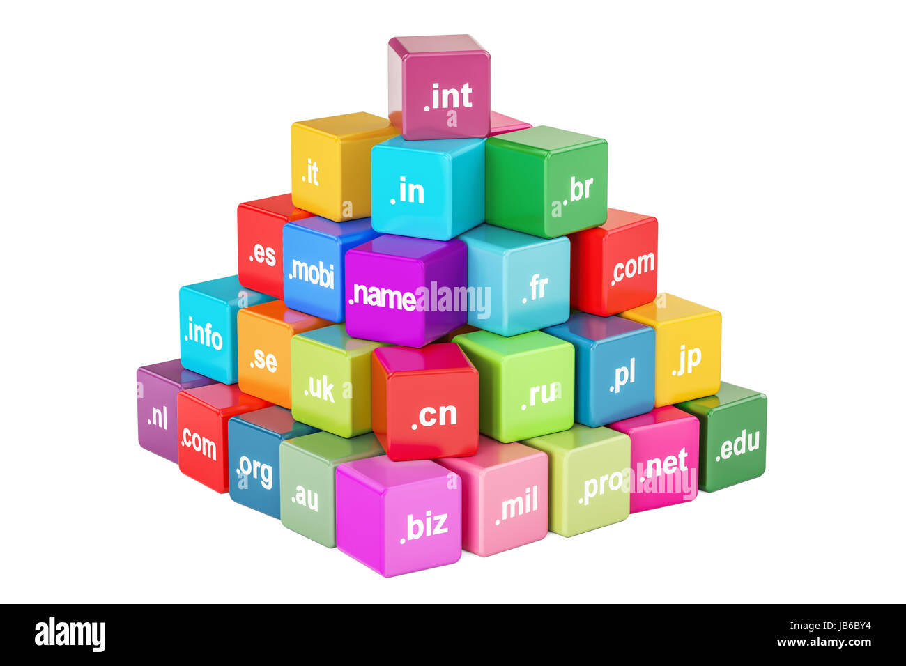Set di cubi colorati con i nomi di dominio, rendering 3D Foto Stock