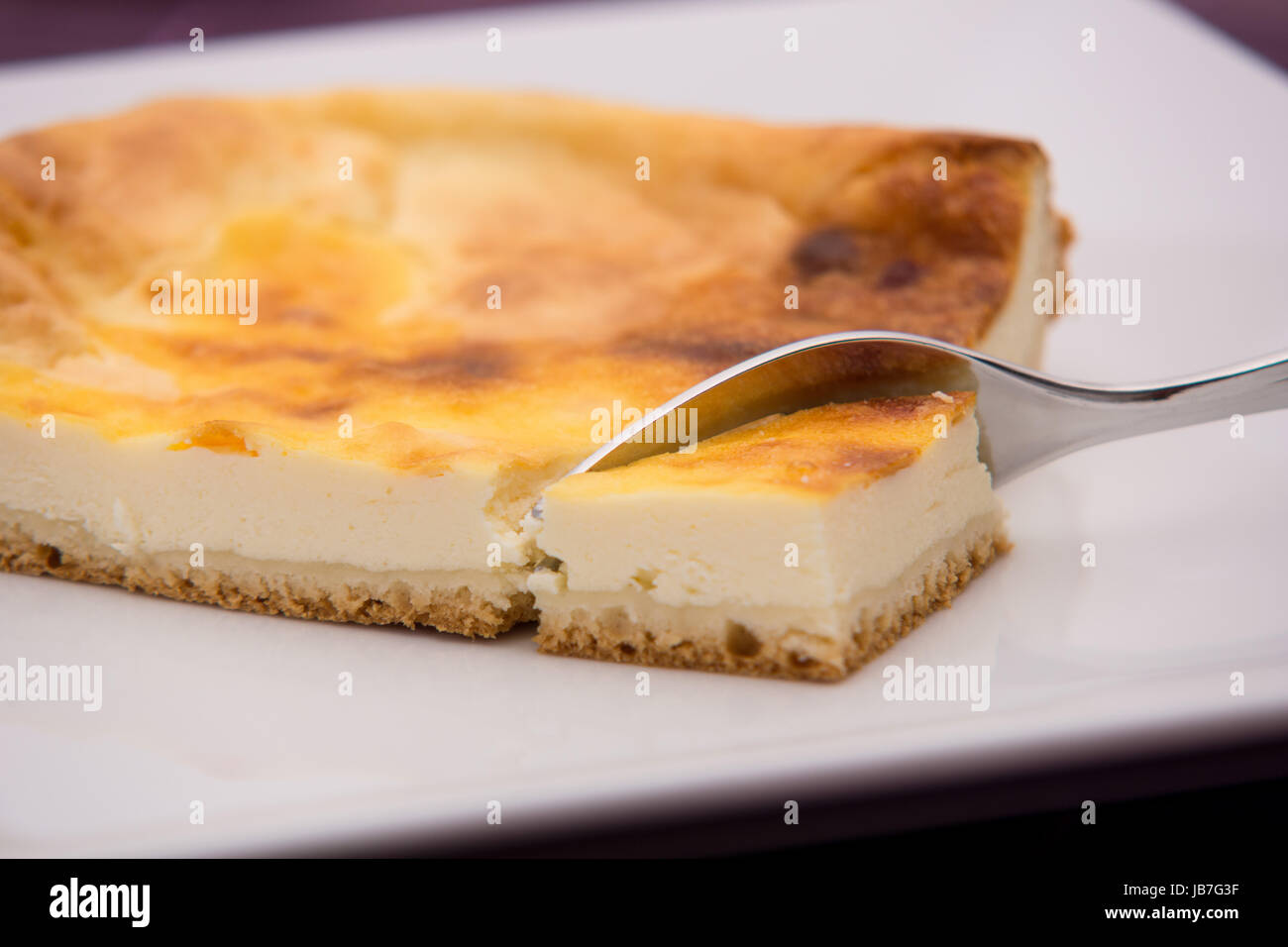 Ein Stück Käsekuchen angerichtet auf einem weißen Teller Foto Stock