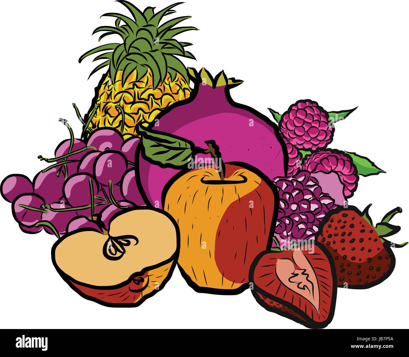 Freschi frutti estivi illustrazioni colorate separati su bianco, cibo fresco raccolta, Handdrawn pulire lo schizzo di estate Illustrazione Vettoriale