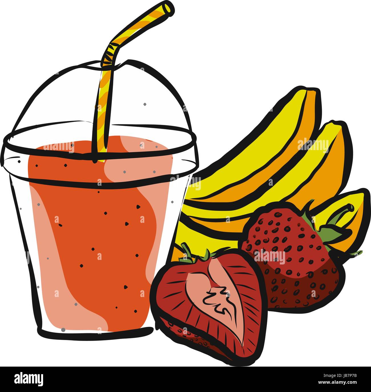 Banana frullato fragole, illustrazioni colorate separati su bianco, cibo fresco raccolta, Handdrawn pulire lo schizzo di estate Illustrazione Vettoriale