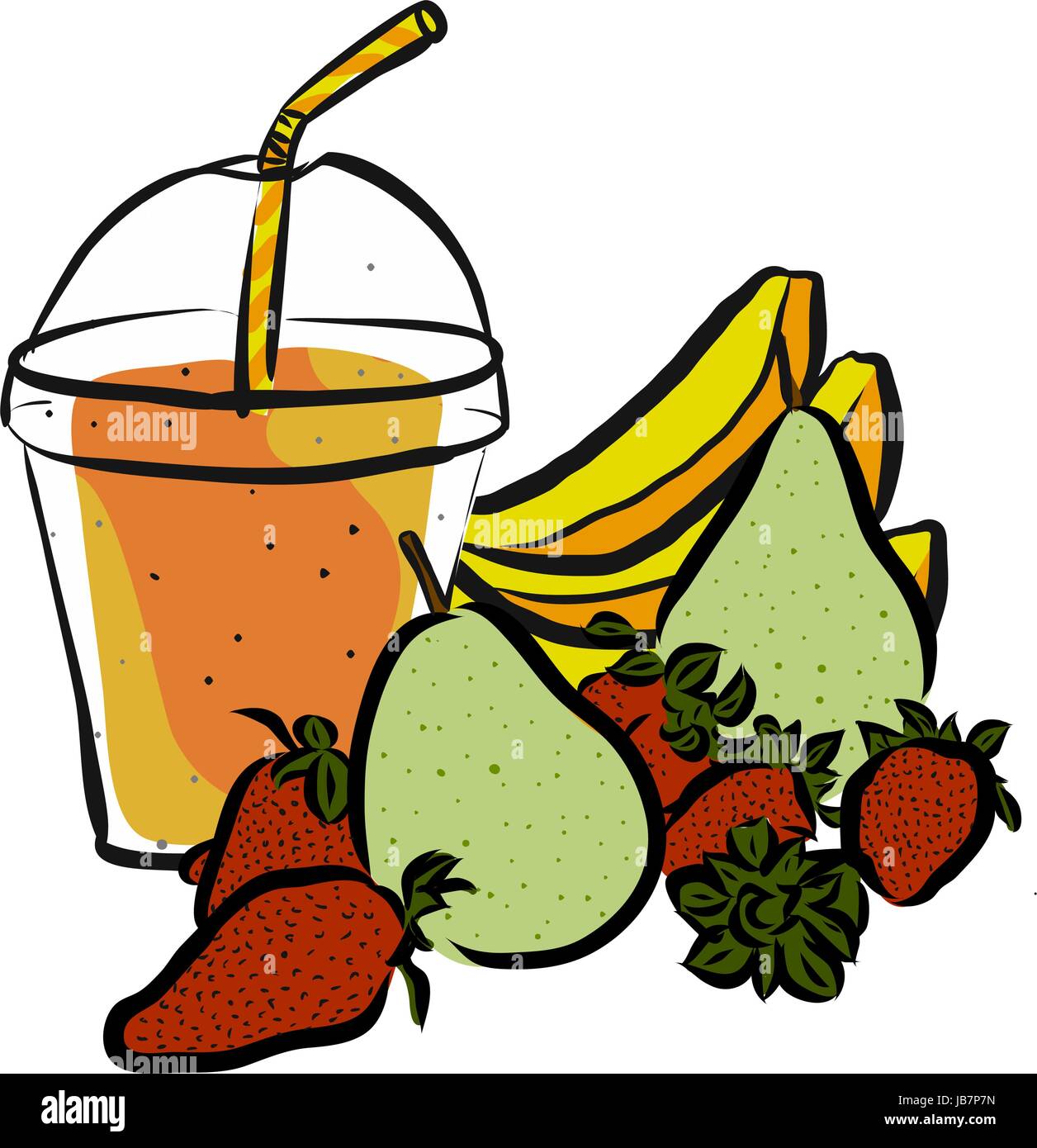 Pera Strawberrie frullato di banana, illustrazioni colorate separati su bianco, cibo fresco raccolta, Handdrawn pulire lo schizzo di estate Illustrazione Vettoriale