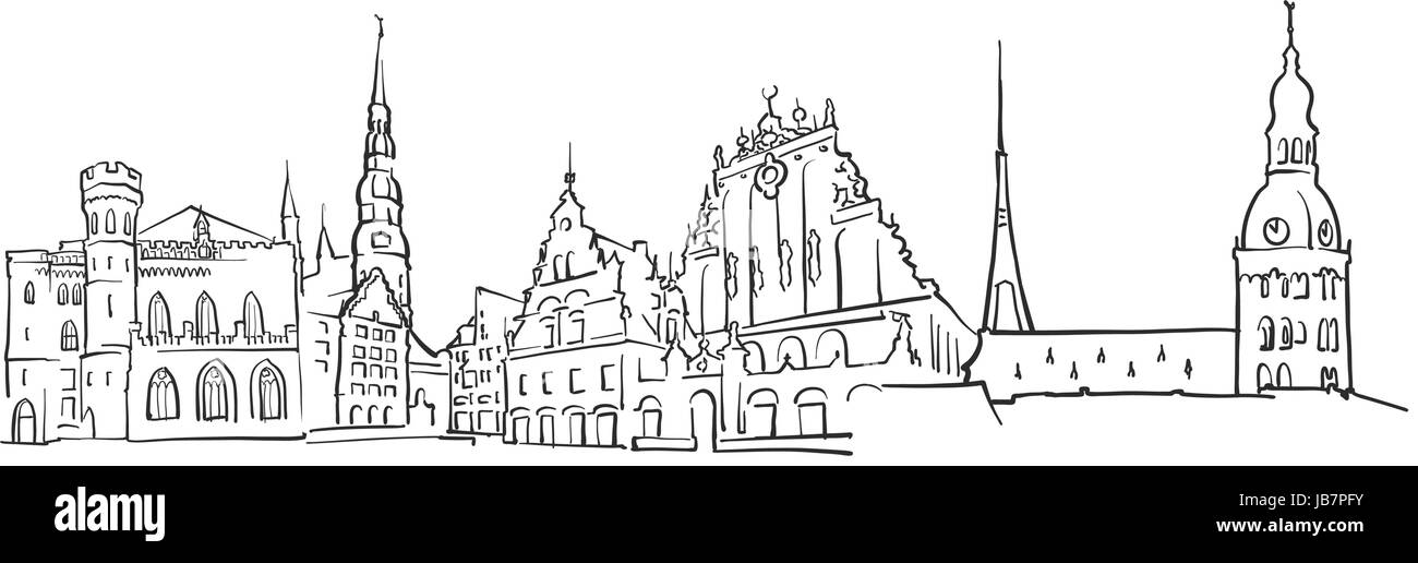 Riga, Lettonia Panorama Sketch, Monocromatico paesaggio urbano vettore Artprint Illustrazione Vettoriale