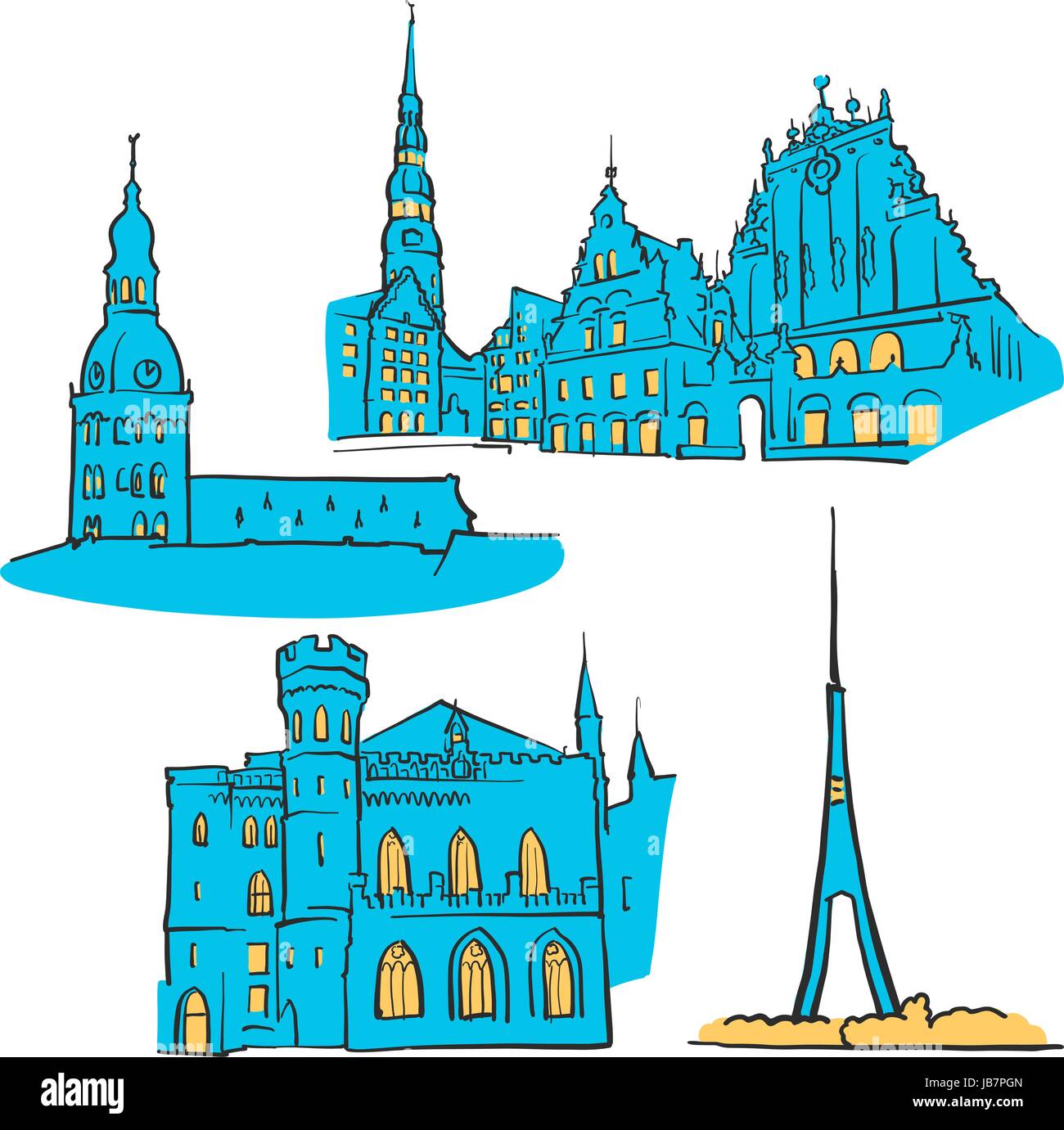 Riga, Lettonia punti colorati, Scalable Vector monumenti. Riempito con forma blu e giallo evidenzia. Illustrazione Vettoriale