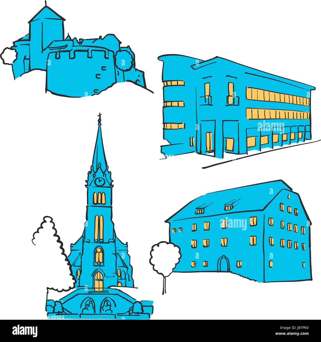 Vaduz Liechtenstein punti colorati, Scalable Vector monumenti. Riempito con forma blu e giallo evidenzia. Illustrazione Vettoriale