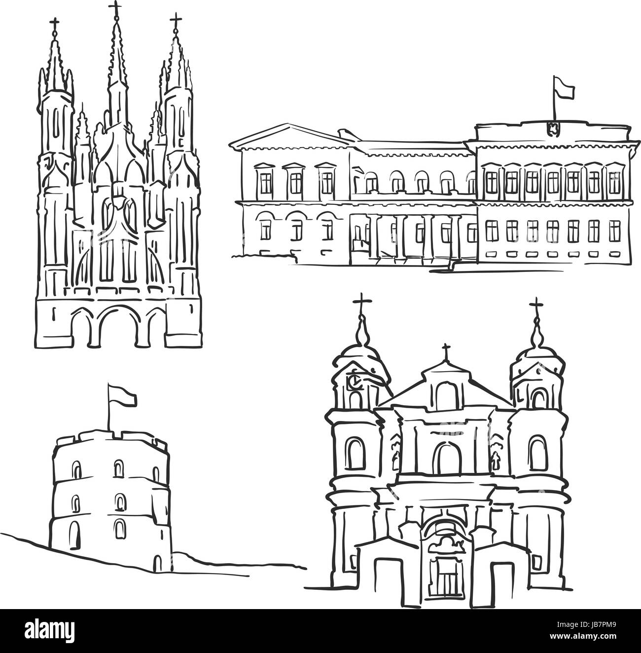 Vilnius Lituania di edifici famosi, Monocromatico delineato i punti di riferimento di viaggio, scalabile illustrazione vettoriale Illustrazione Vettoriale