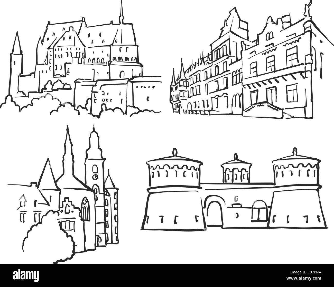 Lussemburgo Il Lussemburgo di edifici famosi, Monocromatico delineato i punti di riferimento di viaggio, scalabile illustrazione vettoriale Illustrazione Vettoriale