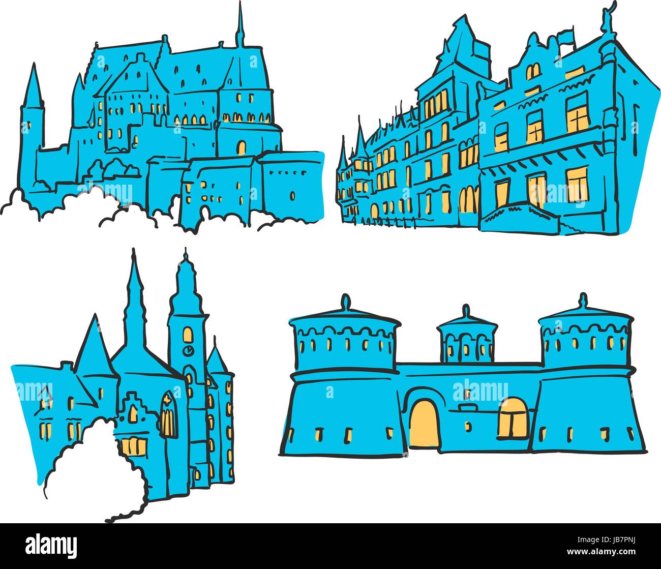 Lussemburgo Il Lussemburgo attrazioni colorate, Scalable Vector monumenti. Riempito con forma blu e giallo evidenzia. Illustrazione Vettoriale