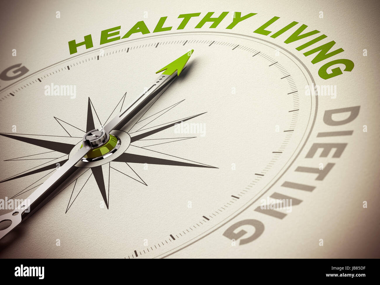 Bussola con ago rivolto verso la principale parola verde e effetto di sfocatura. Concetto di una vita sana rispetto alla dieta. Foto Stock