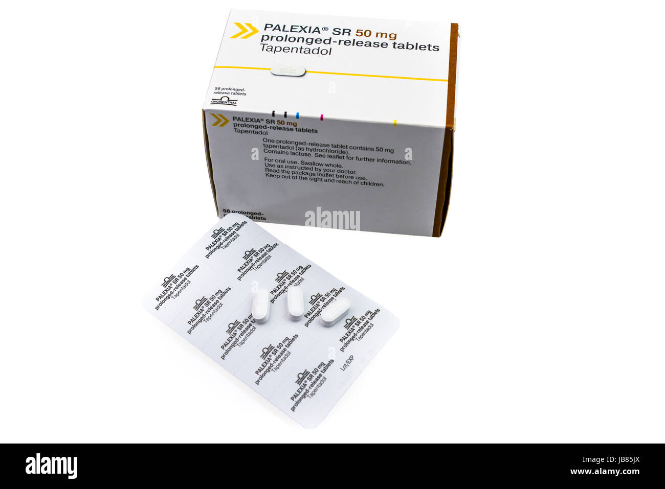 Scatola di Palexia SR 50mg (Tepentadol), una base di oppiacei antidolorifico usato per il trattamento di forte di dolore grave. Foto Stock
