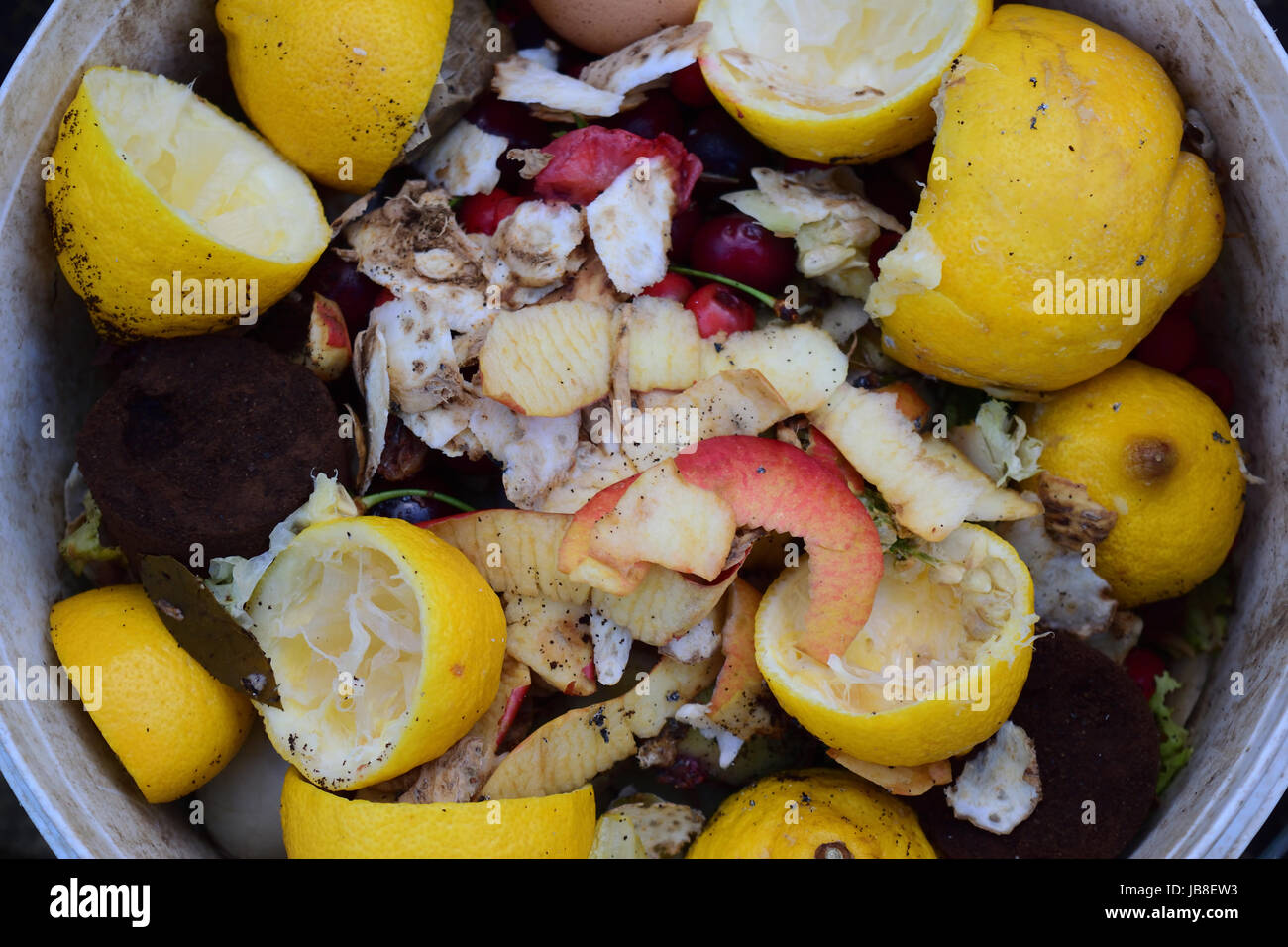 Il compost bin pieno di frutta e verdura rimane Foto Stock