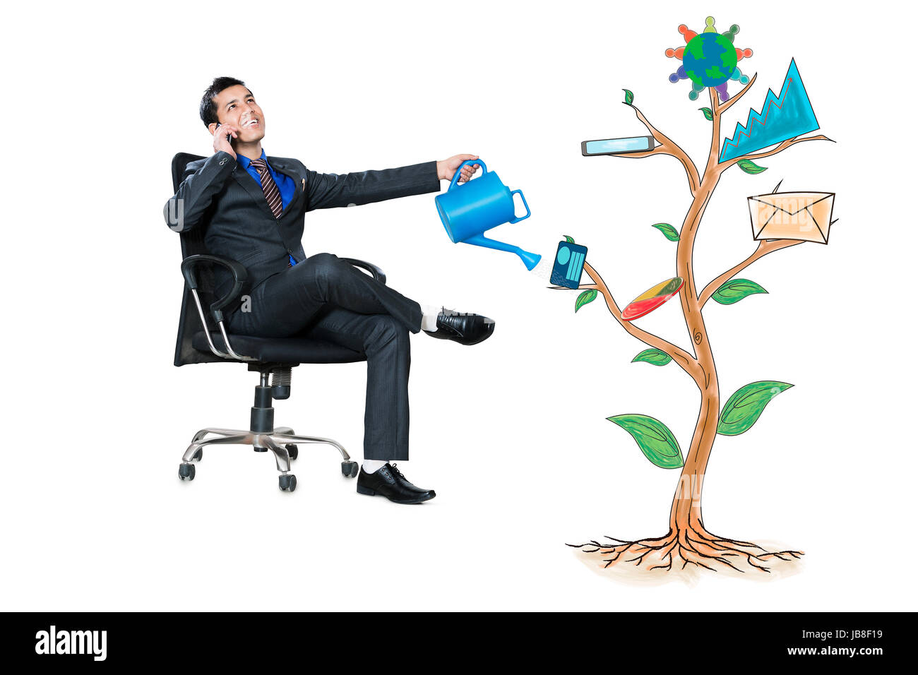1 illustrazione imprenditore; impianto versando acqua a parlare telefono Foto Stock