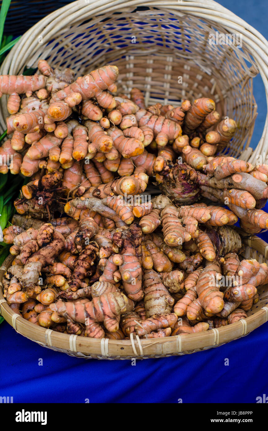 Fresh curcuma radice in un cesto al mercato Foto Stock