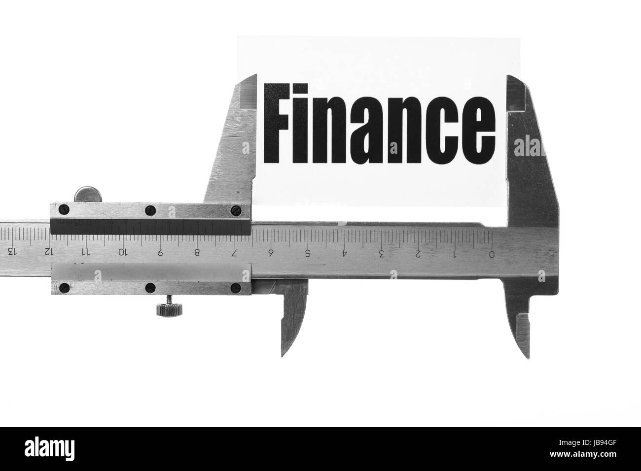 Immagine ravvicinata di un calibro misura la parola "Finanze" Foto Stock