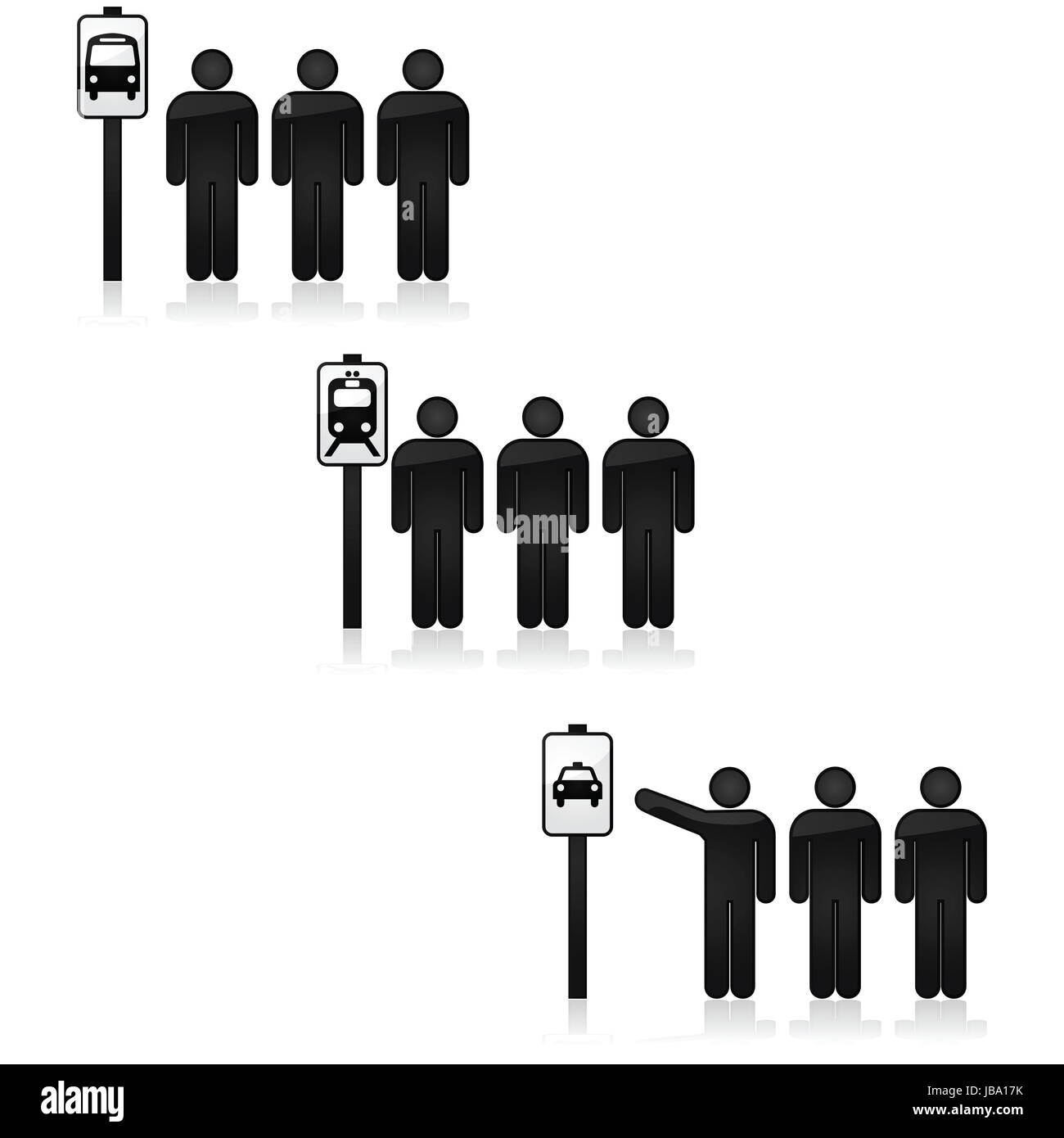 Imposta icona che mostra una fermata bus, così come un treno e fermate di taxi Foto Stock