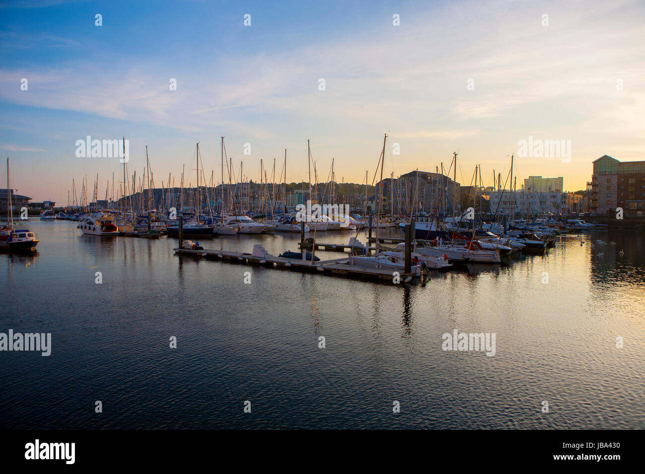 Barche ormeggiate ordinatamente in Sutton Harbour Marina al tramonto, il Barbican, Plymouth Devon, Inghilterra, Regno Unito Foto Stock