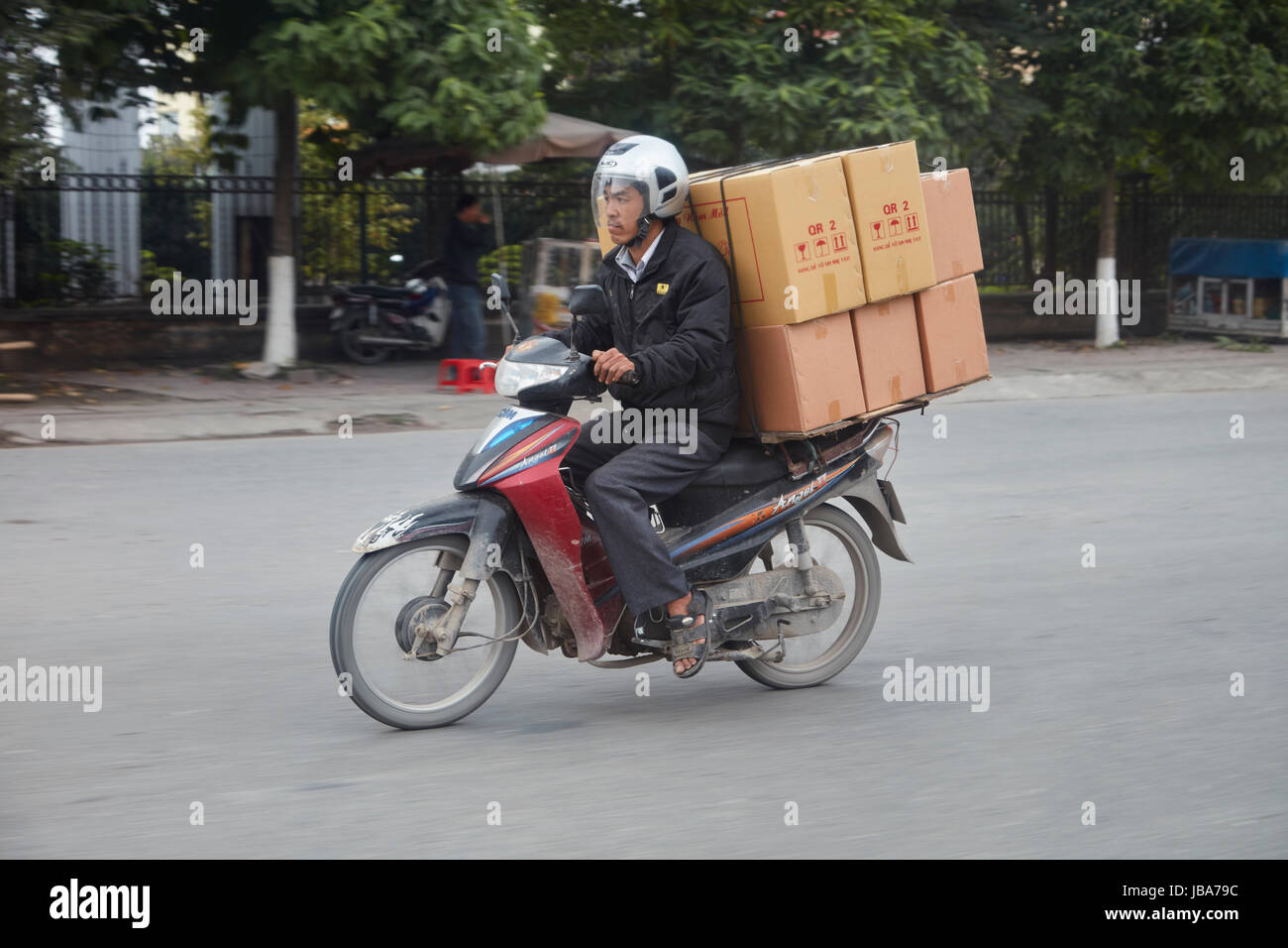 Uomo su scooter con carico pesante, Ninh Binh, Vietnam Foto Stock