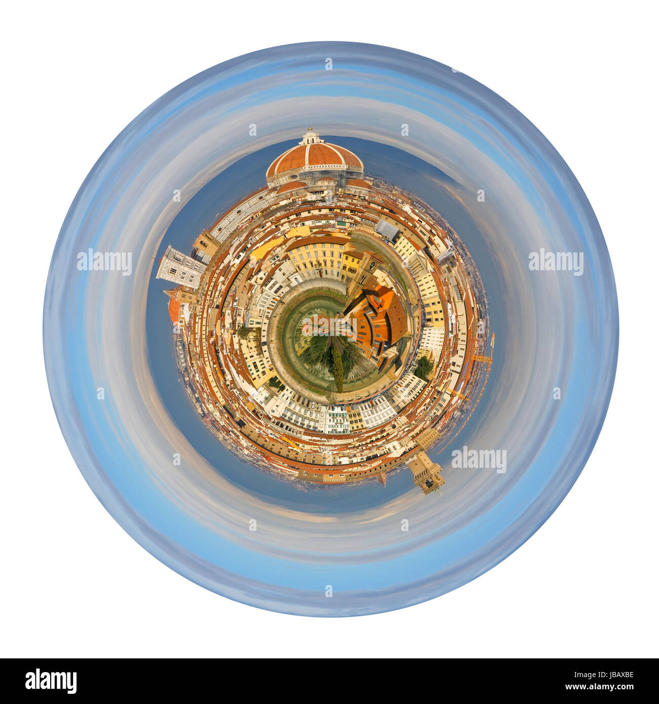 Piccolo pianeta - urban panorama sferica di vista su Firenze Italia da Michelangelo Park isolati su sfondo bianco Foto Stock