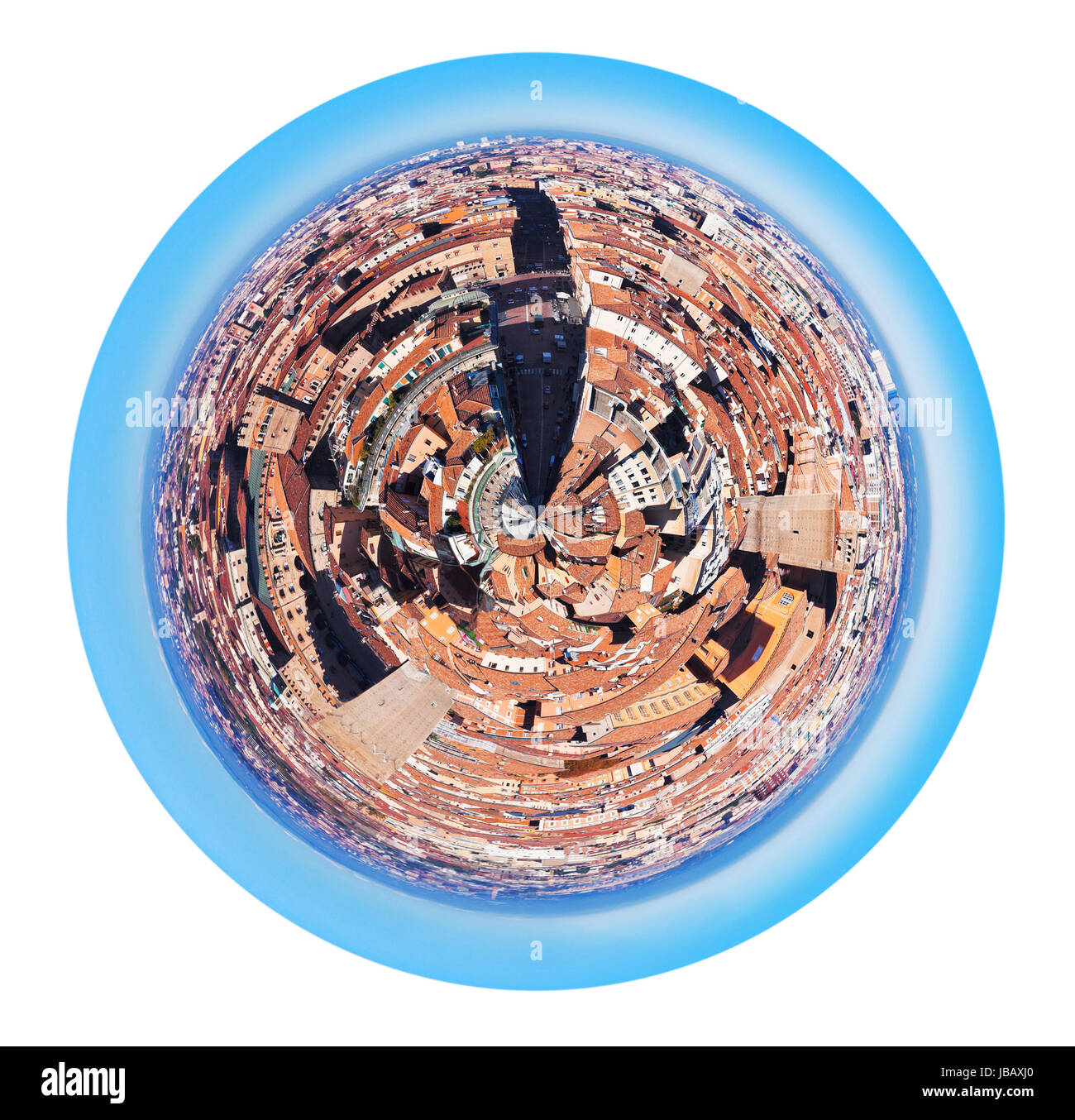 Piccolo pianeta - sferica urbano vista panoramica vista dalla Torre degli Asinelli In Strada Maggiore a Bologna, Italia isolato su sfondo bianco Foto Stock