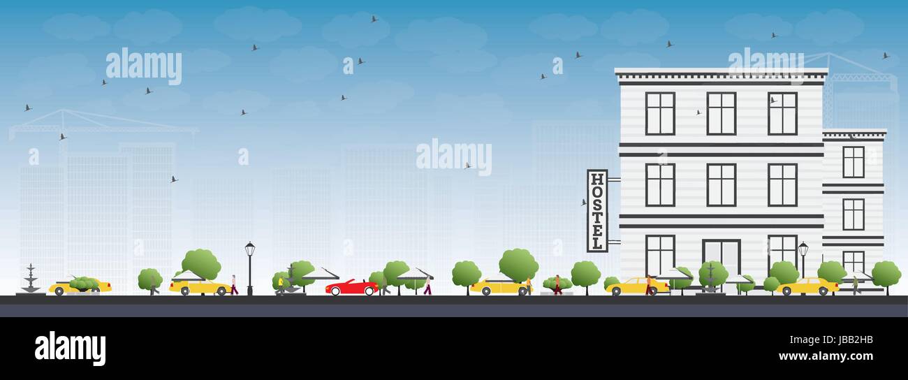 Hotel o Ostello edificio con cielo blu. Illustrazione Vettoriale. Illustrazione Vettoriale