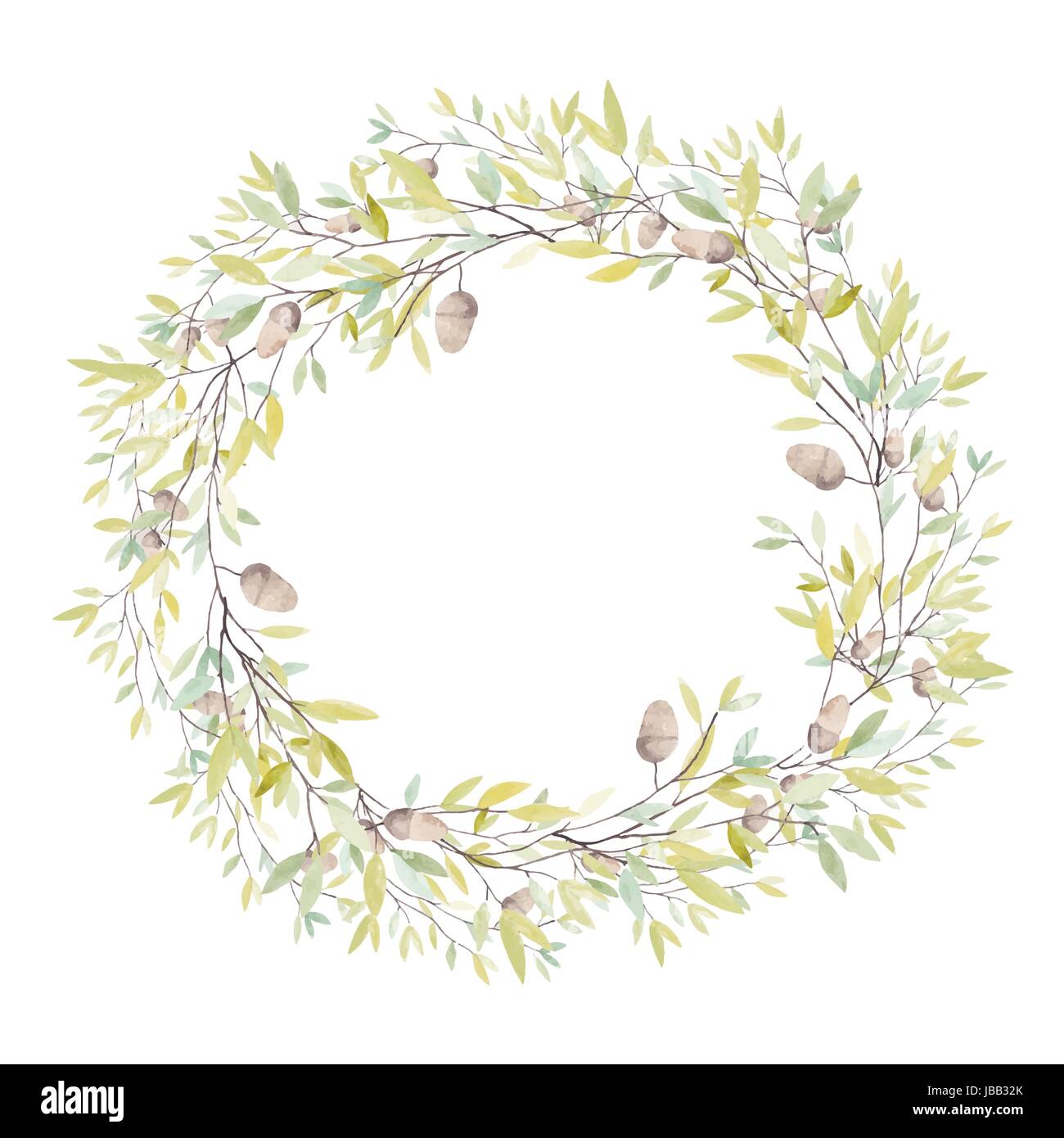 Ghirlanda di acquerelli con rovere Acorn e foglie. Isolato su sfondo bianco. Illustrazione Vettoriale. Illustrazione Vettoriale