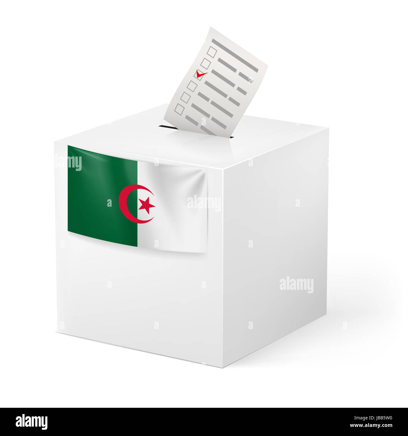 Elezioni in Algeria: urne con carta di voto su sfondo bianco Foto Stock