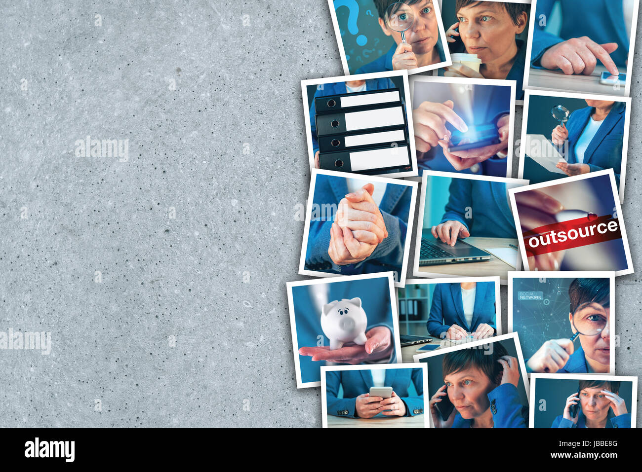 Business e imprenditorialità photo collage su cemento grigio sfondo Foto Stock