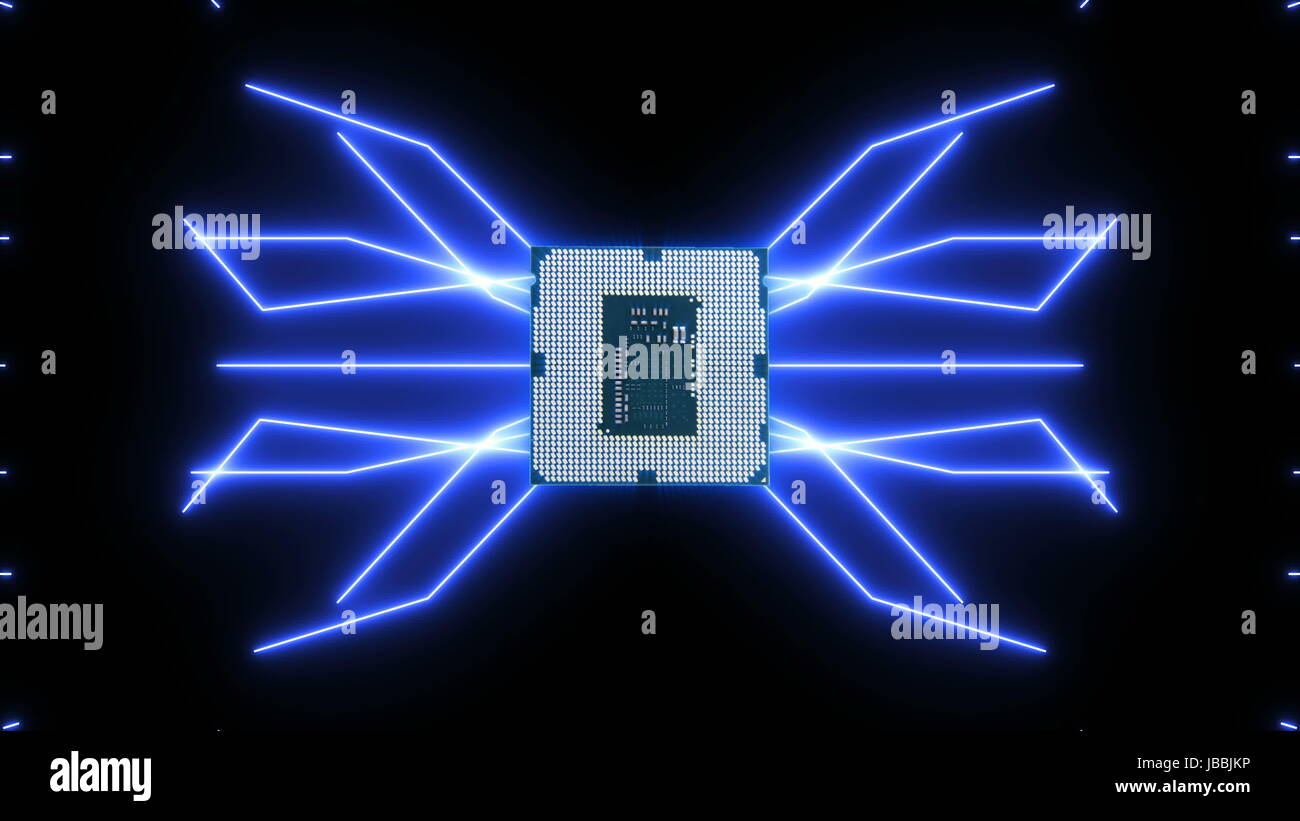 Perfettamente il loop video futuristico di scheda a circuito stampato con blu in movimento gli elettroni con CPU. Foto Stock