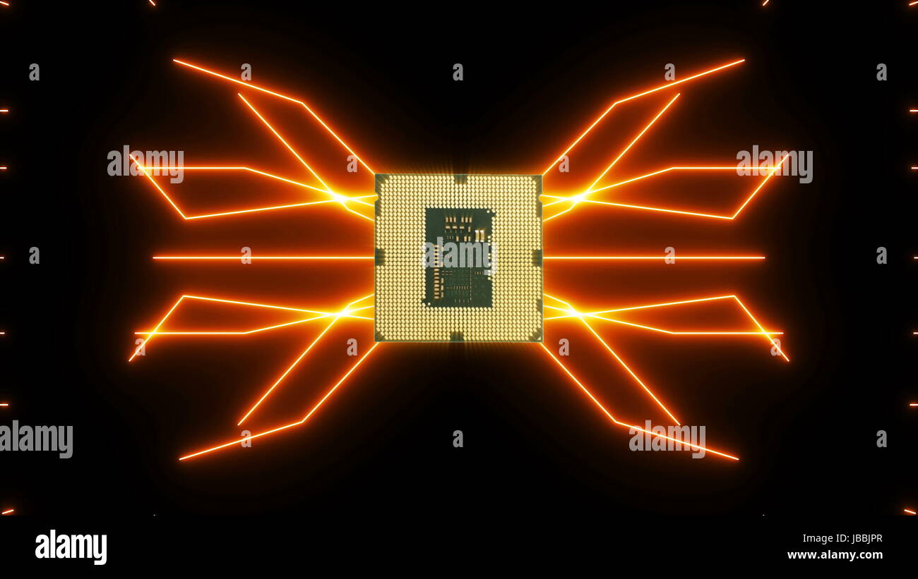 Perfettamente il loop video futuristico di scheda a circuito stampato con movimento di elettroni arancione con la CPU Foto Stock