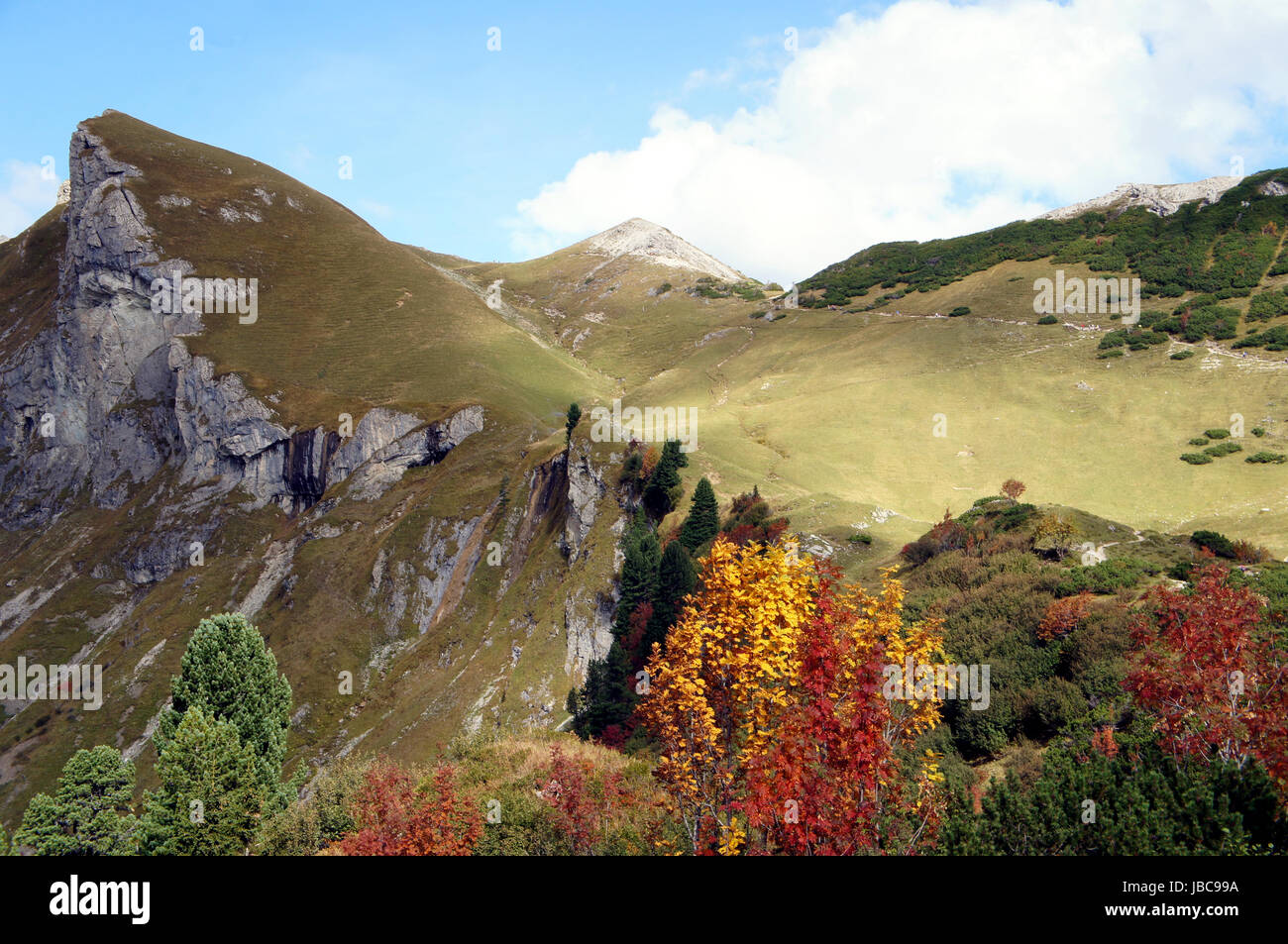 Wanderweg durch Bergwiesen, schroffe Gipfel und bunte Bäume im Herbst; Berglandschaft in den Bergen Tannheimer in Tirolo, Oesterreich escursione attraverso prati di montagna, le cime frastagliate e alberi colorati in autunno; il paesaggio di montagna in Tannheim montagne del Tirolo, Austria Foto Stock