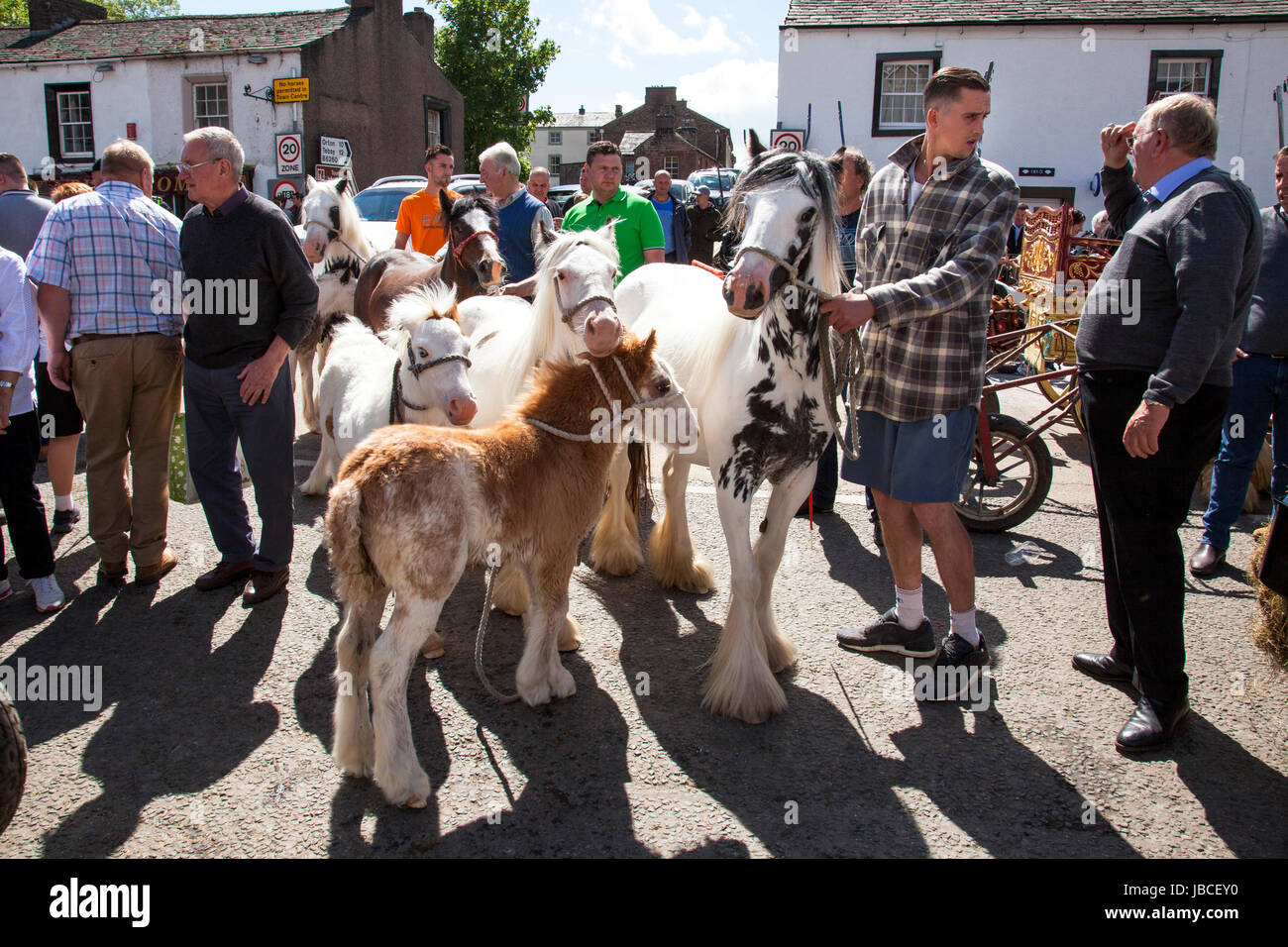 Appleby-in-Westmoreland, U.K. Il 9 giugno 2017. Gli zingari e i concessionari di cavallo discutere prezzi a Appleby Horse Fair. La fiera è esistita dal 1685 sotto la protezione di una carta concessa dal re Giacomo II. A partire dalla prima settimana di giugno e in esecuzione per una settimana la fiera è visitata da Romany Zingari, cavallo di commercianti e viaggiatori provenienti da tutta Europa. Credito: Mark Richardson/Alamy Live News Foto Stock