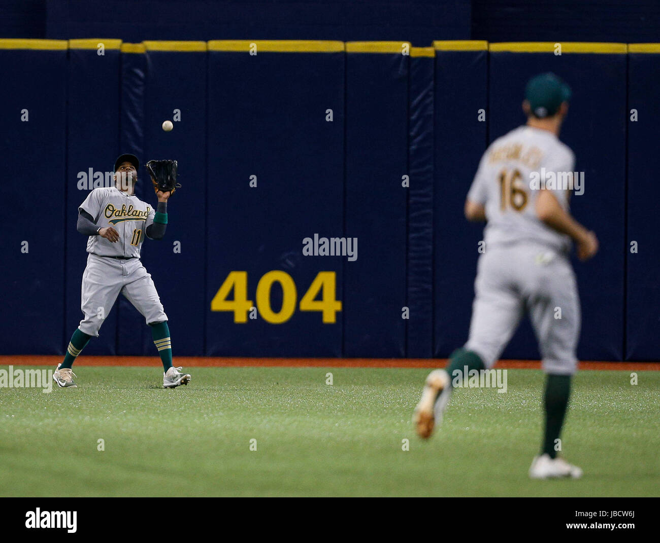 Florida, Stati Uniti d'America. Decimo Giugno, 2017. LOREN ELLIOTT | Orari .Oakland centro atletico fielder Rajai Davis (11) Si ritiene che le catture di una fly palla colpita da Tampa Bay Rays diritto fielder Steven Souza Jr. (20) nel primo inning della seconda partita di un doubleheader tra la Oakland atletica e Tampa Bay Rays al Tropicana Field a San Pietroburgo su Sabato, 10 giugno 2017. Credito: Loren Elliott/Tampa Bay volte/ZUMA filo/Alamy Live News Foto Stock