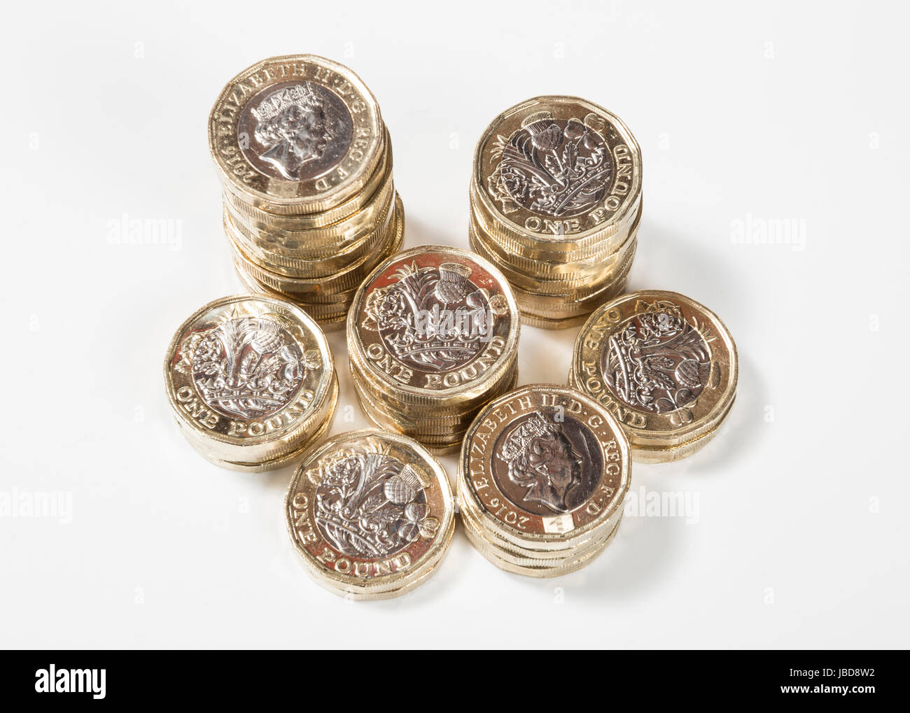 Nuovo REGNO UNITO British Pound monete in pile - da sopra Foto Stock