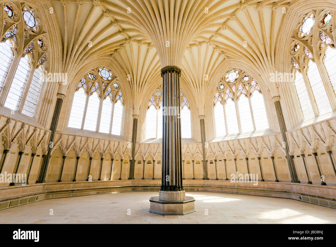 La ventola di un magnifico soffitto a volta architettura in casa del Capitolo della Cattedrale di Wells, pozzi, Somerset, Inghilterra, Regno Unito Foto Stock
