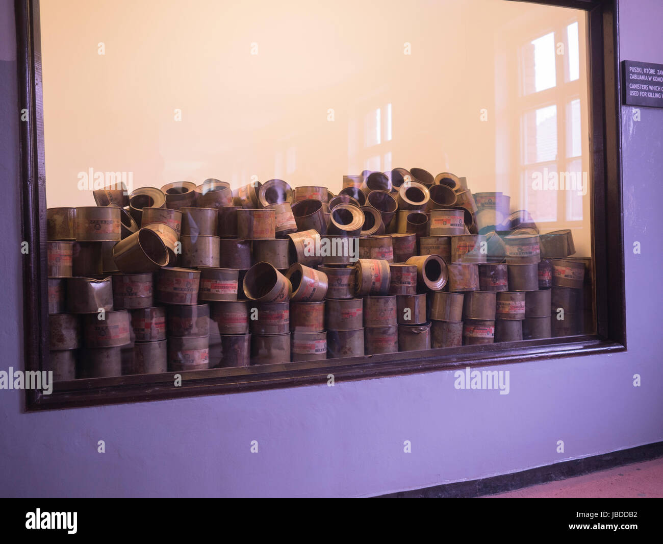 I barattoli di Zyklon B usato dai nazisti a uccidere milioni di ebrei. Foto Stock