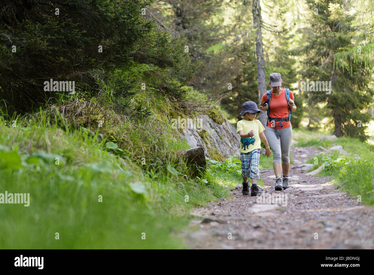 Madre e figlio escursioni nei boschi ai laghi di Colbricon, Dolomiti, Italia. Foto Stock