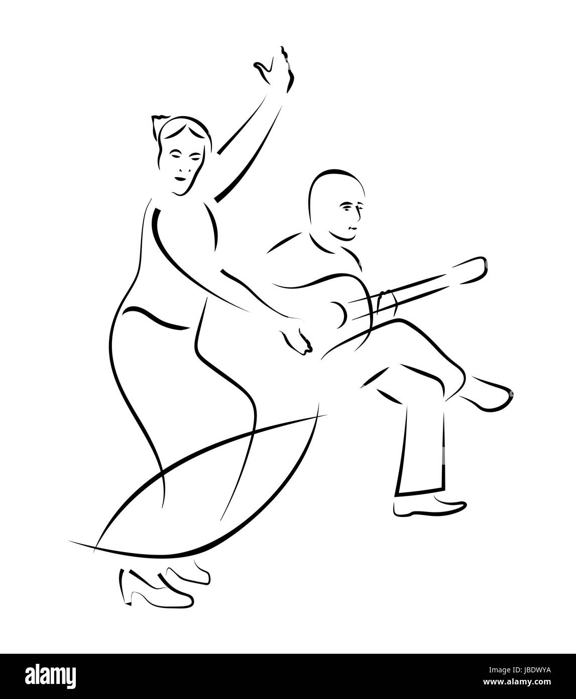 La ballerina di flamenco e il chitarrista - caligraphy stile di disegno vettoriale Illustrazione Vettoriale