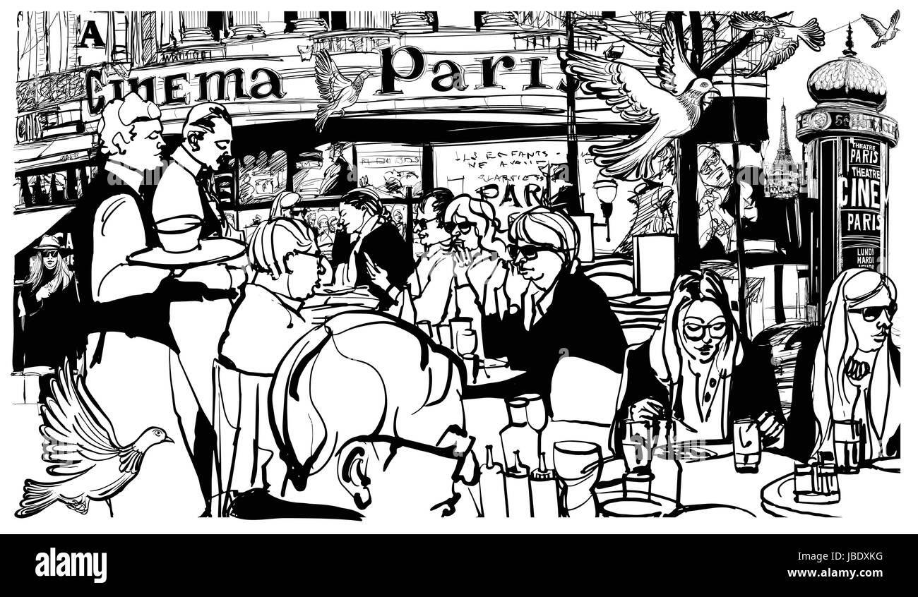 I clienti al tradizionale Parigino outdoor cafe - illustrazione vettoriale Illustrazione Vettoriale