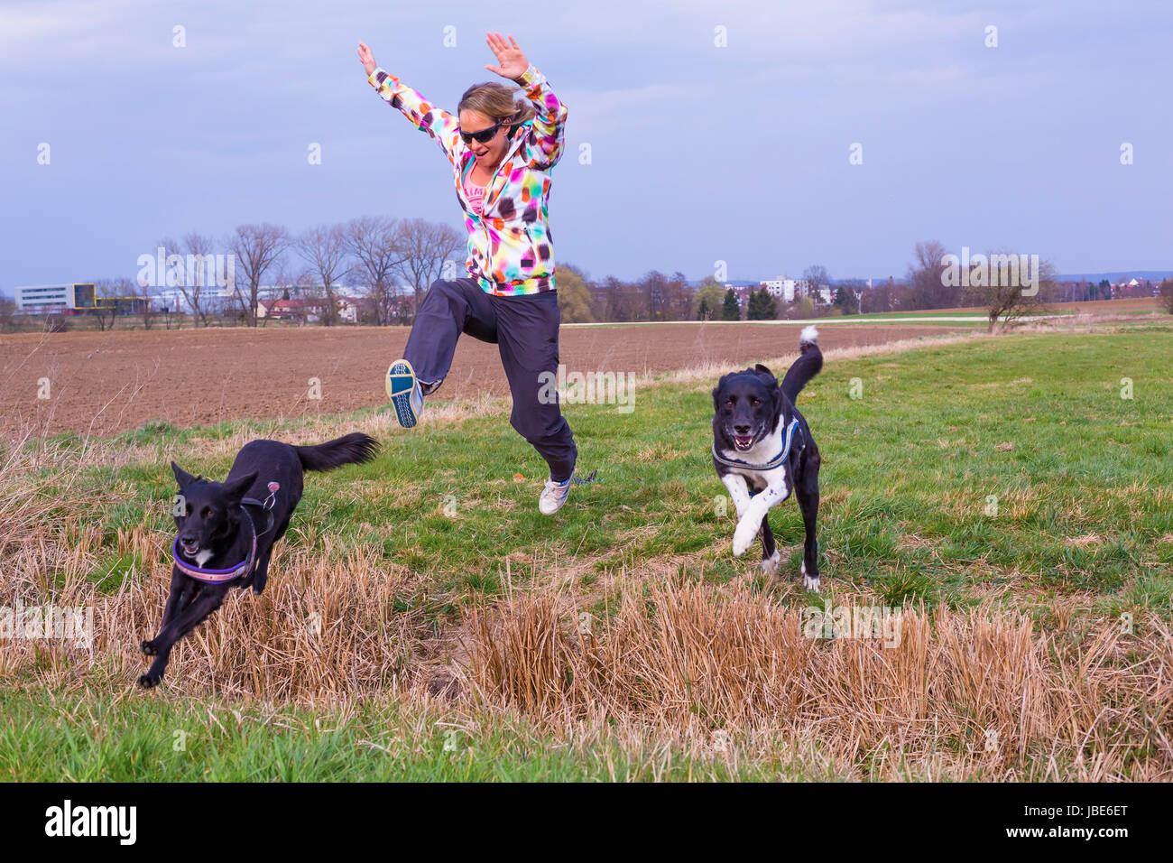 Junge Frau springt mit Hunden über einen Graben Foto Stock