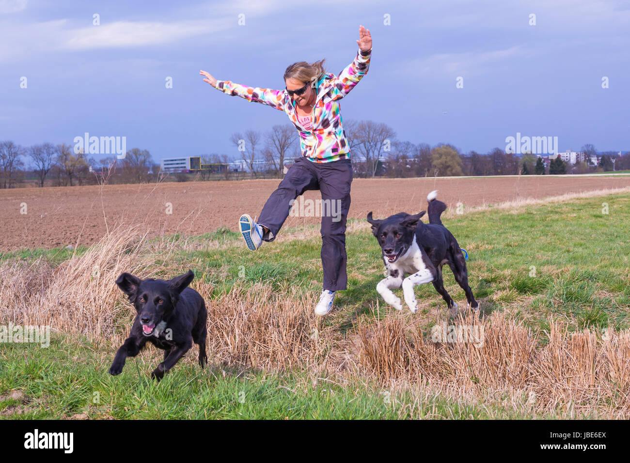 Junge Frau springt mit Hunden über einen Graben Foto Stock