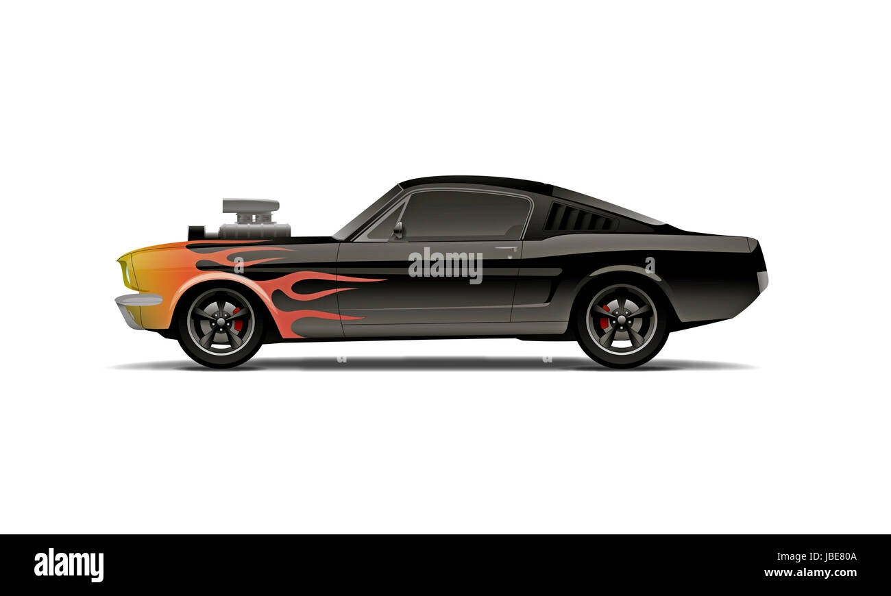 Castomized muscle car con sovralimentatore e fiamme Foto Stock