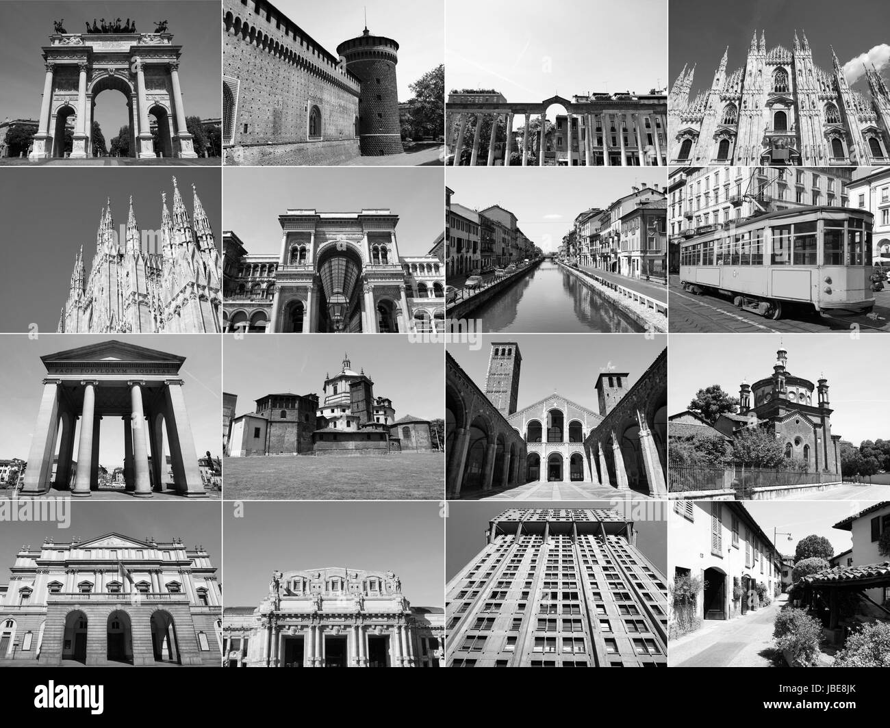 Vintage retrò cercando famosi monumenti e luoghi di interesse collage in Milano, Italia Foto Stock