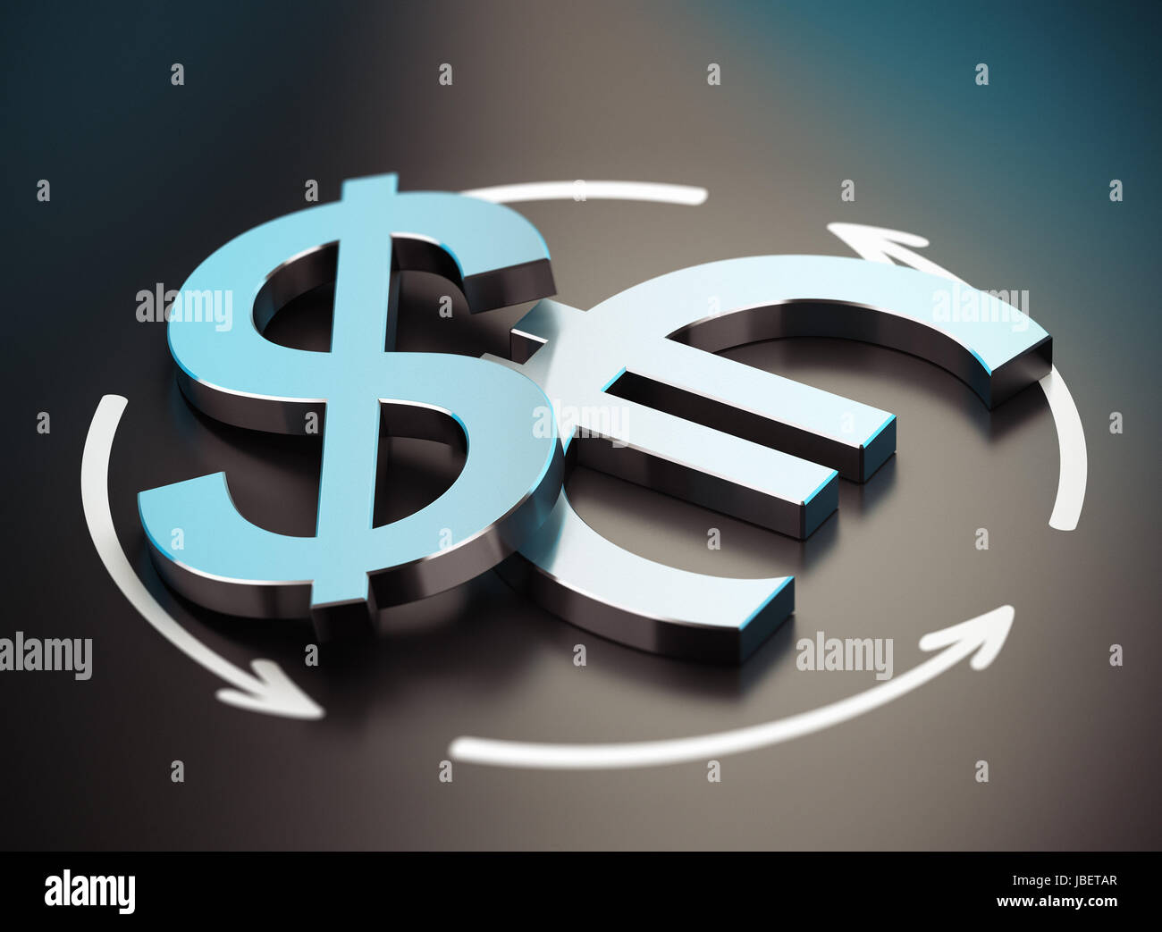 EUR e USD coppia su sfondo nero con il simbolo a forma di freccia di exchange Foto Stock