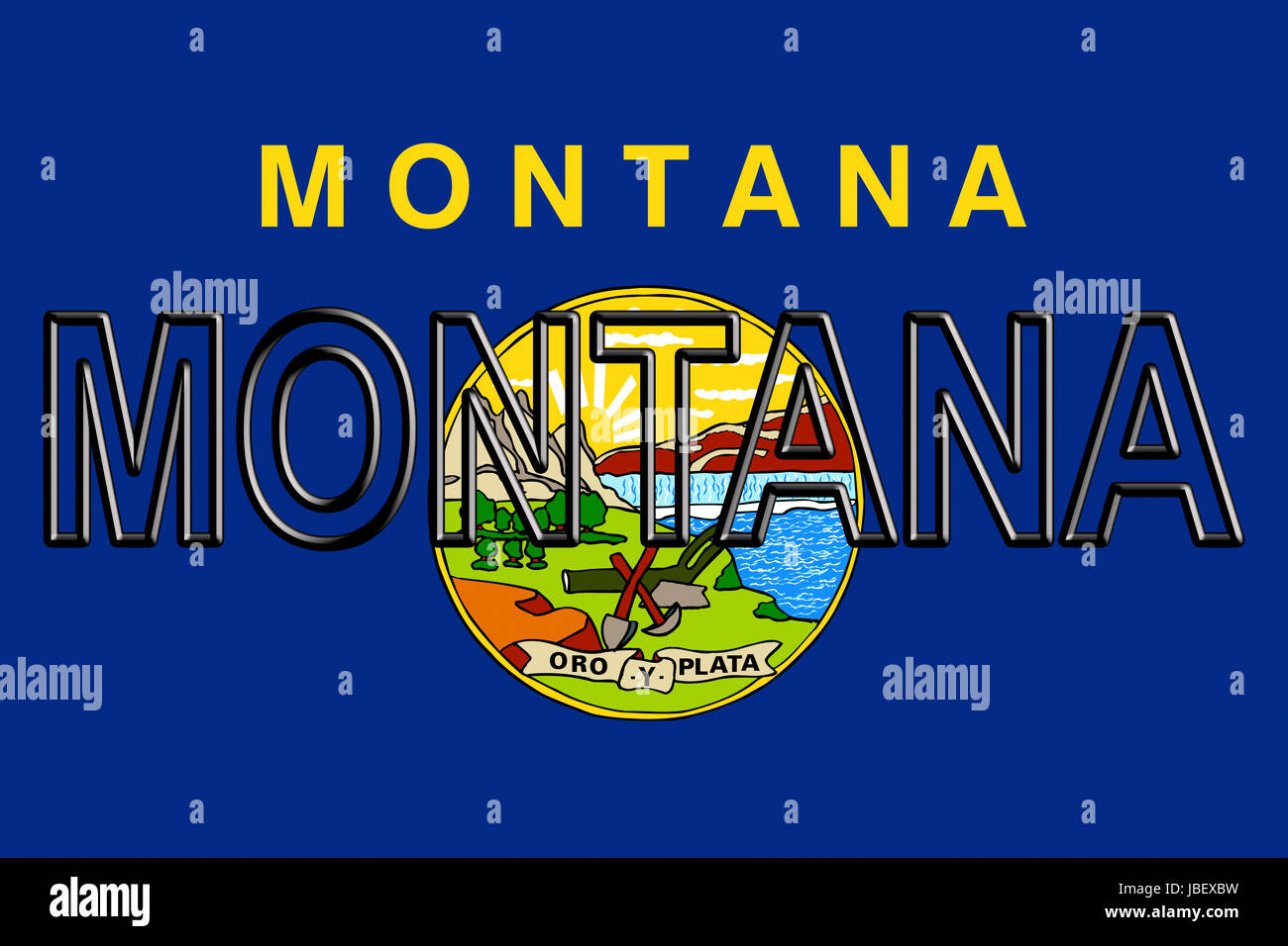 Illustrazione della bandiera del Montana di Stato in America con lo stato scritto sulla bandiera. Foto Stock