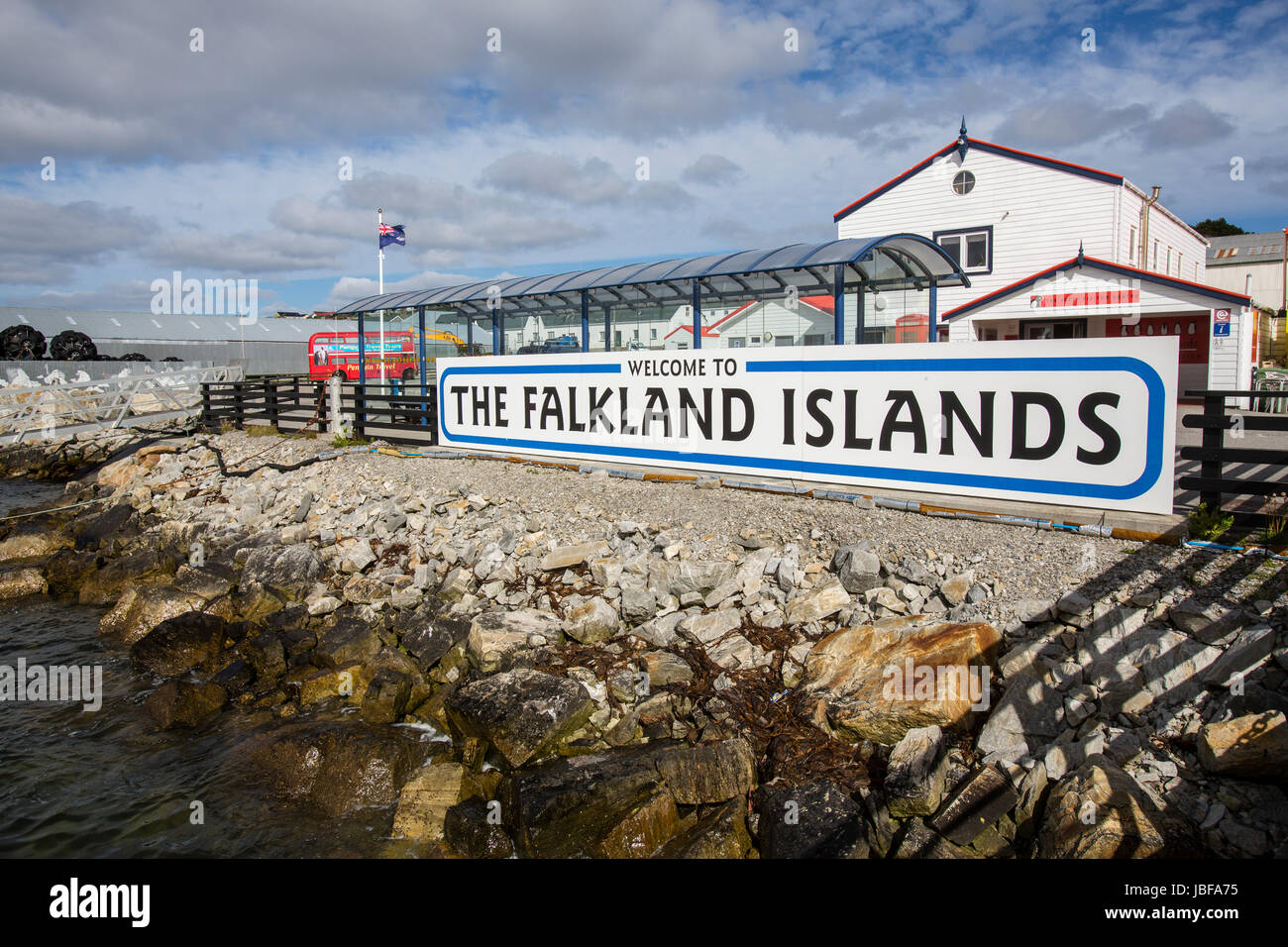 Le Isole Falkland segno di benvenuto a Port Stanley Foto Stock