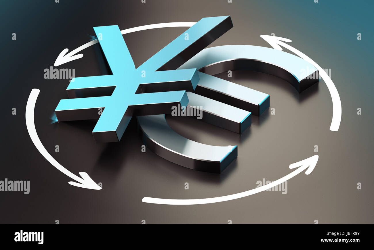 EUR E JPY coppia su sfondo nero con freccia, simbolo di cambio tra due valute. Foto Stock