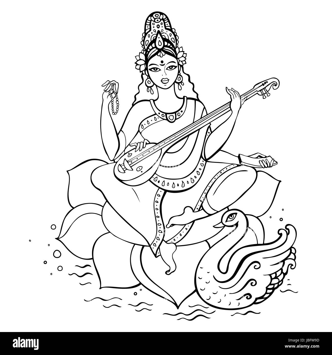 Dea indù Saraswati. Vettore disegnati a mano illustrazione. Foto Stock