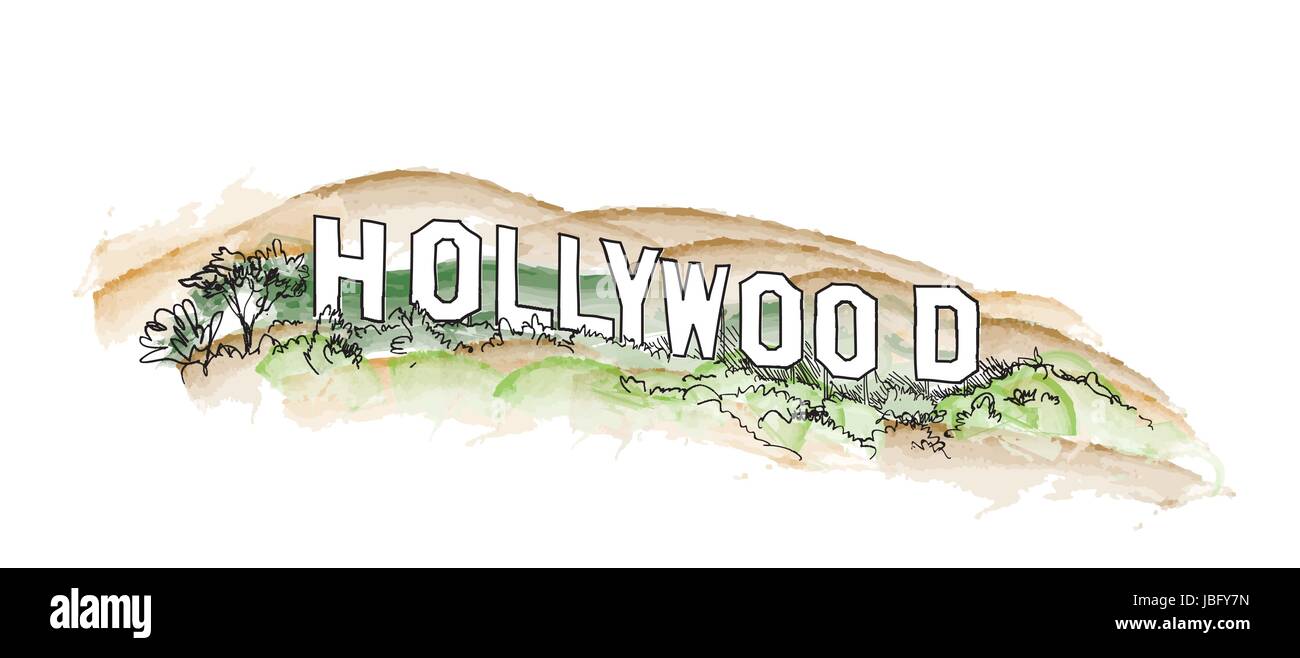 Hollywood Sign acquerello illustrazione. hollywood hill visualizzazione orizzontale Illustrazione Vettoriale