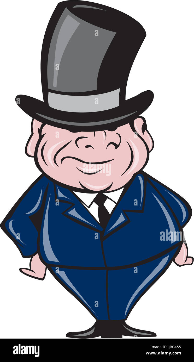 Illustrazione di un uomo che indossa un cappello a cilindro sorridente  visto dal lato anteriore in piedi su sfondo isolato fatto in stile cartoon  Foto stock - Alamy